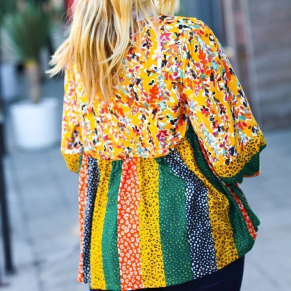 Boho Baby Doll Tie Front Long Sleeve Women's Shirt Colorblock Floral Top - Picture 4 of 4